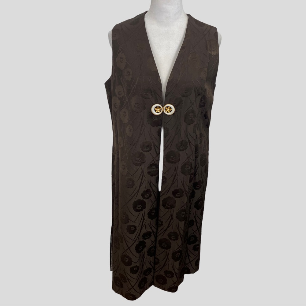 Vintage Handmade Brown Floral Long Vest with Gold White Flower Button Closure